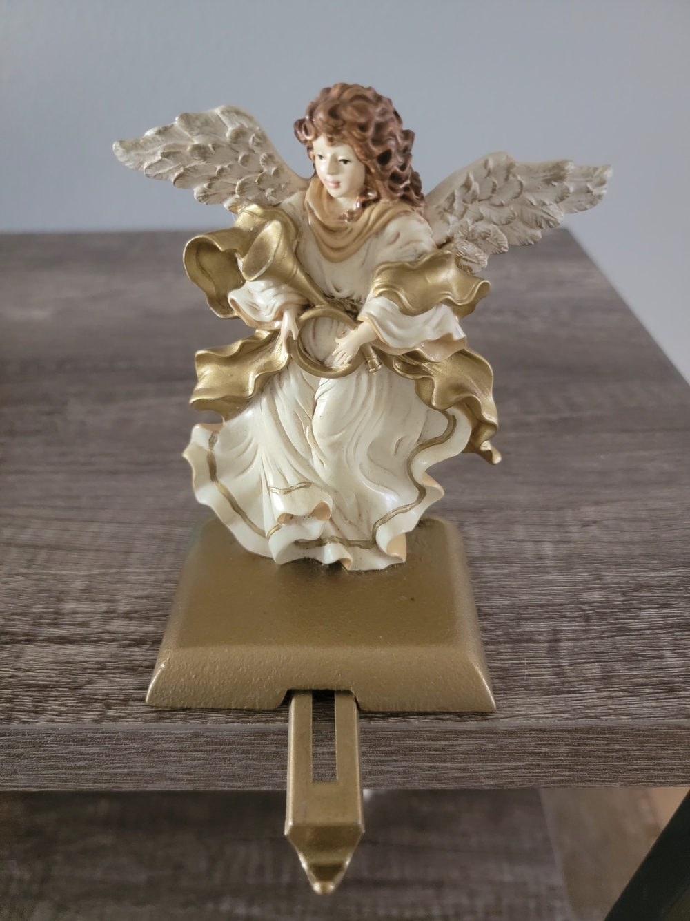 Stocking Hanger Ivory Angel Christmas, Adjustable Cast Iron Base 1993